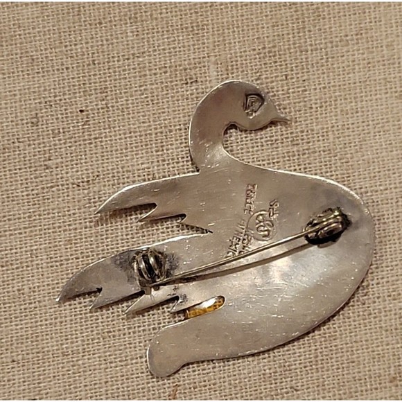Vintage 925 Sterling Silver Inlay Swan Brooch Artist Signed JS Taxco Mexico MCM - Picture 6 of 8